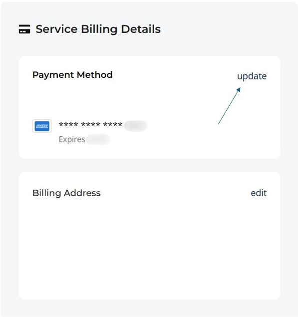 Section de mise à jour des informations de paiement dans le compte BlueCosmo